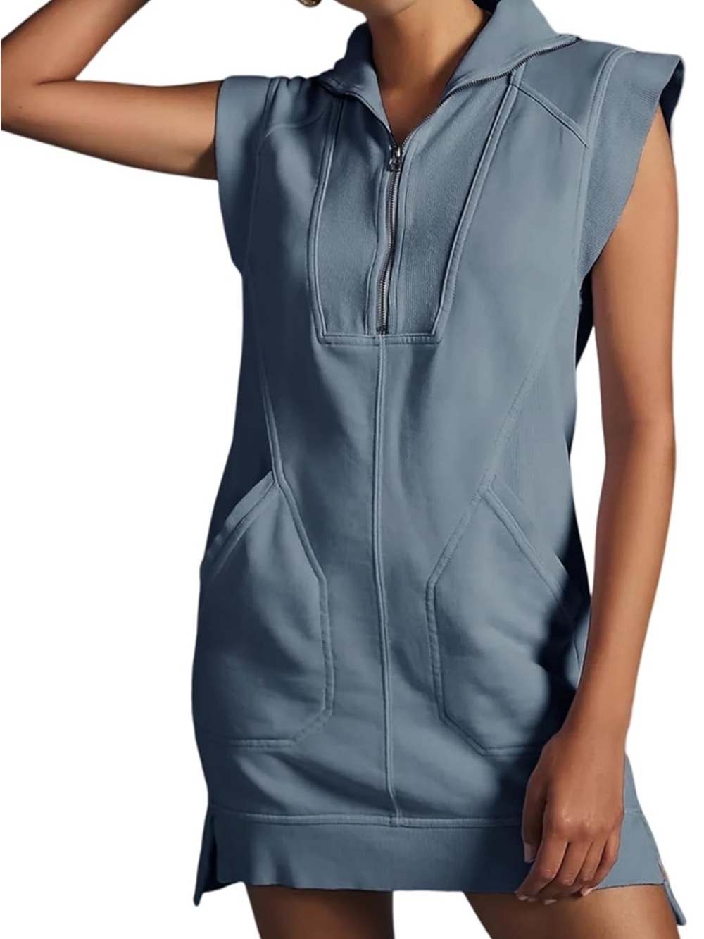 Sleeveless Zip-Front Athleisure Dress in Slate Blue